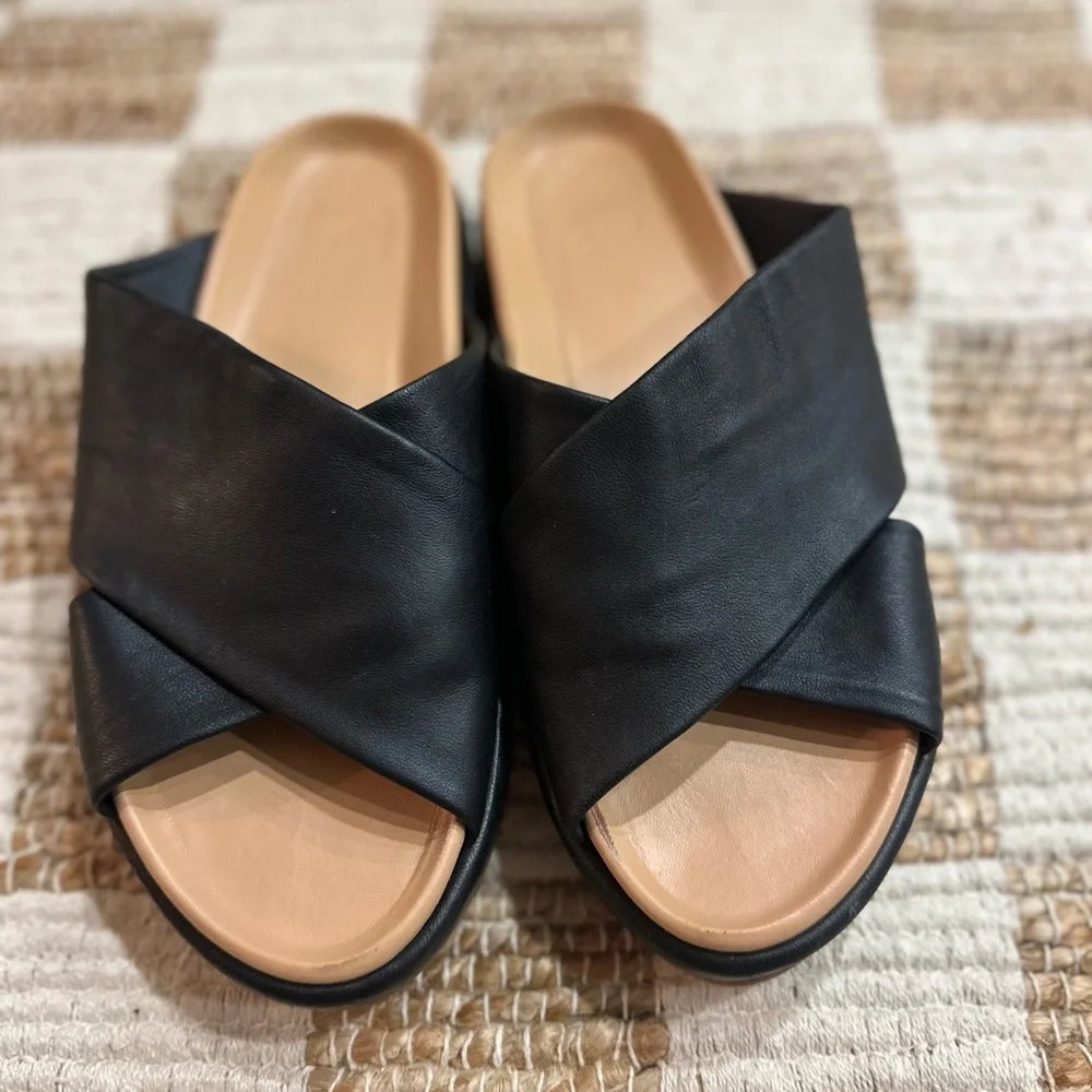 beek Black Leather Crossband Slide Sandals with Tan Footbed